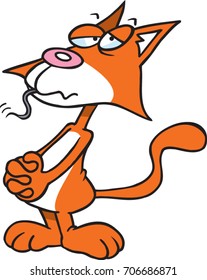 cartoon orange cat standing still with a mouse tail hanging out of his mouth