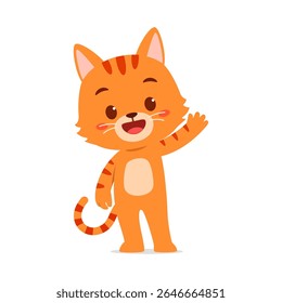 Cartoon Orange Cat Waving Hello with Happy Expression Standing on Isolated White Background