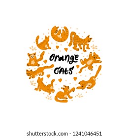 Cartoon Orange Cats vector frame. Hand painted animals. Cute smiling cats in different poses.