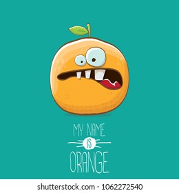 cartoon orange character isolated on turquoise background. My name is orange vector concept. vector super funky citrus fruit summer food character