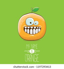 cartoon orange character isolated on green background. My name is orange vector concept. vector super funky citrus fruit summer food character