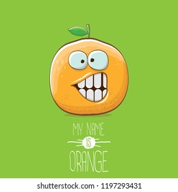 cartoon orange character isolated on green background. My name is orange vector concept. vector super funky citrus fruit summer food character