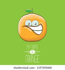 cartoon orange character isolated on green background. My name is orange vector concept. vector super funky citrus fruit summer food character