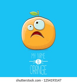 cartoon orange character isolated on blue background. My name is orange vector concept. vector super funky citrus fruit summer food character