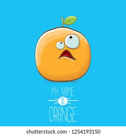 cartoon orange character isolated on blue background. My name is orange vector concept. vector super funky citrus fruit summer food character