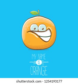 cartoon orange character isolated on blue background. My name is orange vector concept. vector super funky citrus fruit summer food character