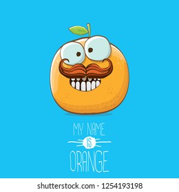 cartoon orange character isolated on blue background. My name is orange vector concept. vector super funky citrus fruit summer food character