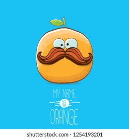cartoon orange character isolated on blue background. My name is orange vector concept. vector super funky citrus fruit summer food character