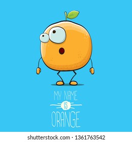 cartoon orange character isolated on blue background. My name is orange vector concept. vector super funky citrus fruit summer food character 