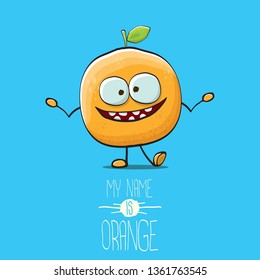 cartoon orange character isolated on blue background. My name is orange vector concept. vector super funky citrus fruit summer food character 