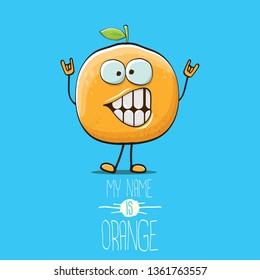 cartoon orange character isolated on blue background. My name is orange vector concept. vector super funky citrus fruit summer food character 