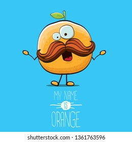 cartoon orange character isolated on blue background. My name is orange vector concept. vector super funky citrus fruit summer food character 