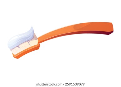 Cartoon orange children toothbrush with toothpaste, bright vector illustration. Dental care and oral hygiene concept, isolated on white background.