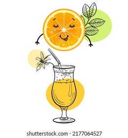 cartoon orange with a cocktail glass of juice on a white background