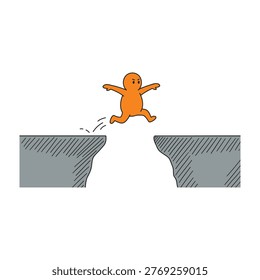 A cartoon orange creature jumps through the air between two cliffs, conveying a sense of adventure and freedom in a fantastical landscape.