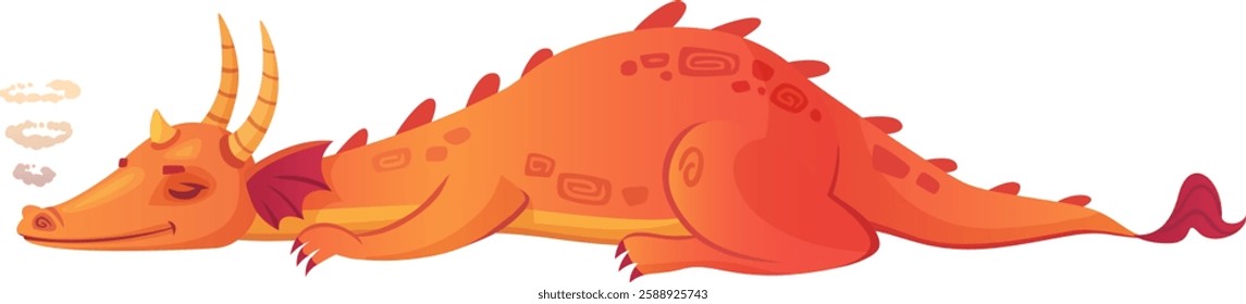 Cartoon orange dragon with vibrant red wings and prominent horns lying peacefully on the ground, sleeping while gently blowing smoke from its nostrils in a whimsical fantasy setting