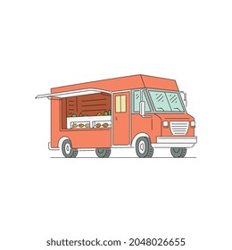 Cartoon orange food truck with open window - empty street food vendor van with nobody inside isolated on white background. Flat vector illustration.