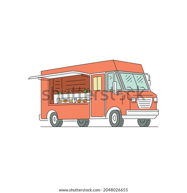 Cartoon orange food truck with open window\
- empty street food vendor van with nobody inside isolated on white\
background. Flat vector\
illustration.
