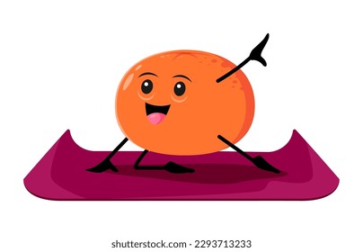 Cartoon orange fruit character on yoga fitness. Isolated tropical fruit cheerful mascot doing sport exercise or orange cute vector personage practicing yoga, fitness workout on mat