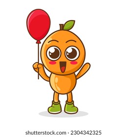 Cartoon of orange fruit holding a balloon , character design