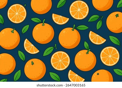 Cartoon orange fruit pattern with whole oranges, slices, and green leaves on a dark blue background. Ideal for summer designs, fabric, packaging, kitchen decor, and digital projects.