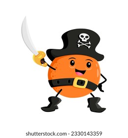 Cartoon orange fruit pirate and corsair character with saber. Happy brave vector citrus with cutlass in hand attacking with cutlass. Isolated smiling freebooter picaroon personage for kid game or book