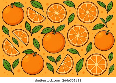 Cartoon Orange Fruit Seamless Pattern - Cute seamless pattern of whole oranges, slices, and green leaves in a fun cartoon style. Perfect for packaging, fabric, wallpaper, or summer-themed designs.