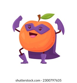 Cartoon orange fruit superhero character. Vector citrus super hero comics book personage in cape, boots, gloves or mask with raised arms. Fairy tale healthy food, isolated funny smiling tropical plant