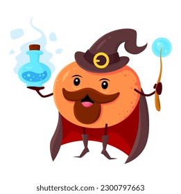 Cartoon orange fruit wizard or mage character. Vector bearded citrus holding wand and potion bottle casting magic spell. Funny smiling sorcerer in brown cape, fascinator, wiz, conjurer personage