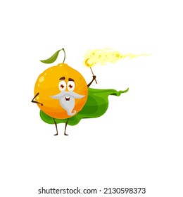 Cartoon orange fruit wizard or magician character, vector senior citrus with grey beard and magic wand making spell. Funny smiling sorcerer in green cape, healthy fascinator personage, wiz conjurer