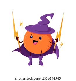 Cartoon orange fruit wizard or magician character. Vector citrus with magic lightning bolts casting spell. Funny smiling sorcerer in purple hat and cape, healthy fascinator personage, wiz conjurer