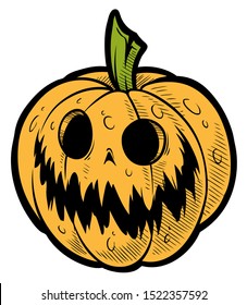 Cartoon orange funny evil smiling halloween pumpkin. Isolated on white background. Vector icon.