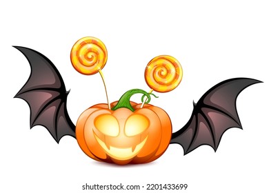 Cartoon orange funny Halloween pumpkin character with black bat wings, scary face and two lollipops. Trick or treat concept