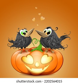 Cartoon Orange Funny Halloween Pumpkin With Cute Couple Of Black Crows In Love