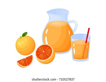 Cartoon orange or grapefruit juice in jar and glasses with ripe fruits isolated on white background.