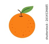 A cartoon orange with a green leaf on top. The orange is round and has a stem