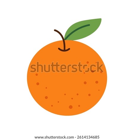 A cartoon orange with a green leaf on top. The orange is round and has a stem