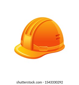 Cartoon orange hemlet. Protection uniform hat, safety equipment for builder, miner, archaeologist. 3d realistic hemlet, vector illustration isolated on white background.