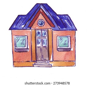 Cartoon orange house with blue roof painted by watercolor. Hand drawn vector illustration.