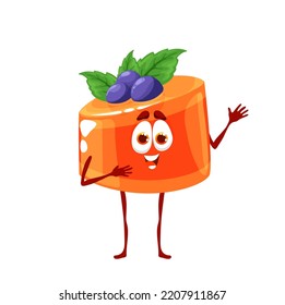 Cartoon Orange Jelly Dessert Character With Blueberry. Isolated Vector Funny Fruit Pastry Sweets. Cute Tasty Food Menu Personage, Yummy Cake. Pudding With Smiling Face, Happy Candy Sweet Confectionery