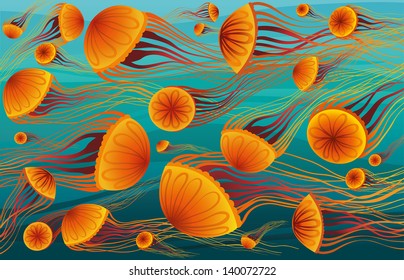 Cartoon orange jellyfish floating in the deep blue sea. Vector underwater wallpaper.