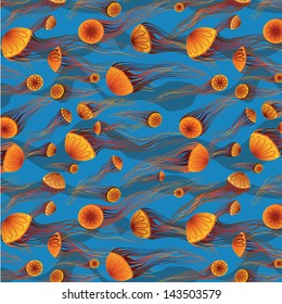 Cartoon orange jellyfish floating in the deep blue sea. Vector underwater wallpaper.