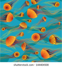 Cartoon orange jellyfish floating in the deep blue sea. Vector underwater wallpaper.