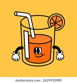 Cartoon orange juice with arms and a straw, smiling. Cute orange juice character with a slice. Fun, playful orange juice design on a yellow background. Cartoon illustration vector.