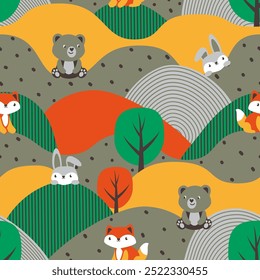 Cartoon orange landscape with cute bear, fox and rabbit seamless pattern