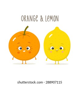 Cartoon orange and lemon with eyes. Fruits isolated on white