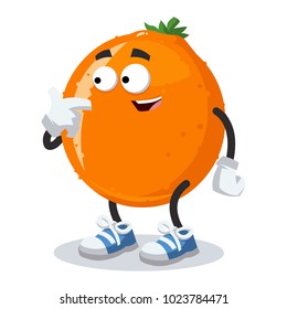 cartoon orange mascot showing himself on a white background