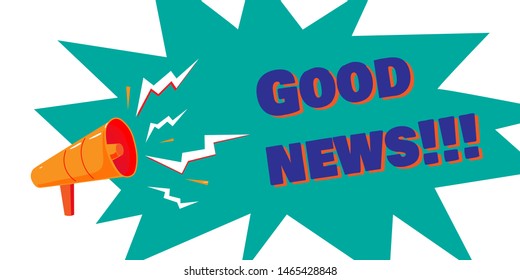 Cartoon orange Megaphone on blue background with bubble. Social media marketing concept with Good news words. Vector template for advertising or announcement.