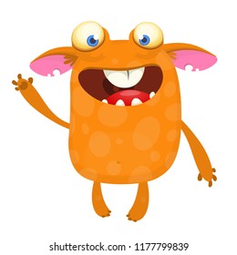 Cartoon orange monster character. Vector illustration of troll, gremlin or goblin waving hand