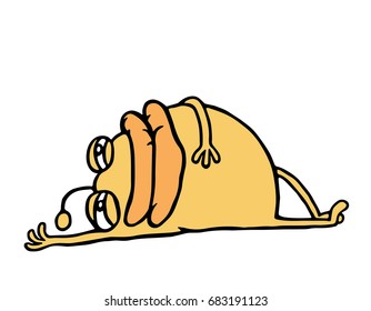 Cartoon orange monster resting lying down. Holidays and vacations. Cute animation character. Vector illustration.